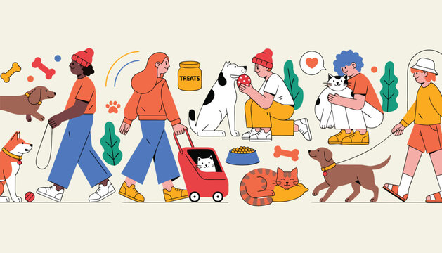Diverse People Enjoying Daily Life with Their Beloved Pets