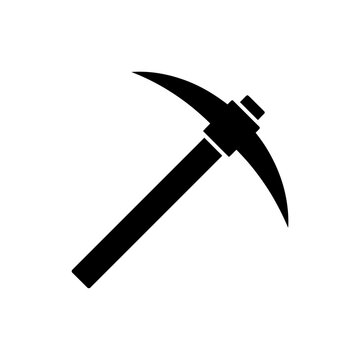 Minimalist black pickaxe tool icon silhouette isolated on a clean white background, ideal for mining industry illustrations, construction logo design and digital hardware interface elements