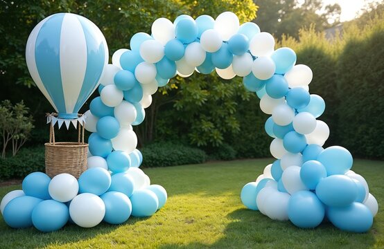 Blue and white balloons form archway with hot air balloon decoration. This outdoor setup is perfect for child birthday or baby shower celebration. It creates festive and joyful atmosphere for guests.