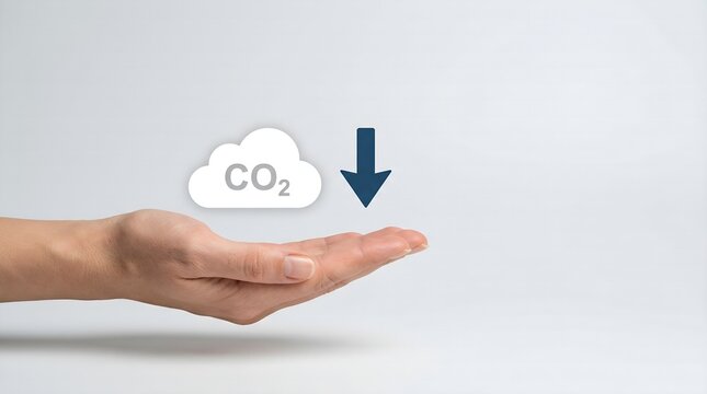 Hand holding a digital graphic showing a white carbon dioxide cloud icon with a dark blue downward arrow representing the reduction of global climate change emissions