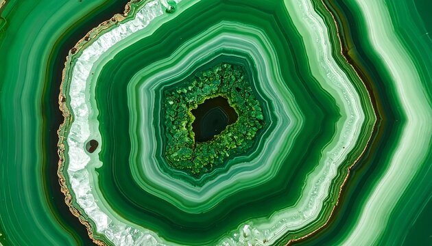 A vibrant green agate slice with concentric bands and a dark center