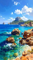 Fototapeta premium A serene seascape with rugged coastline and distant mountains