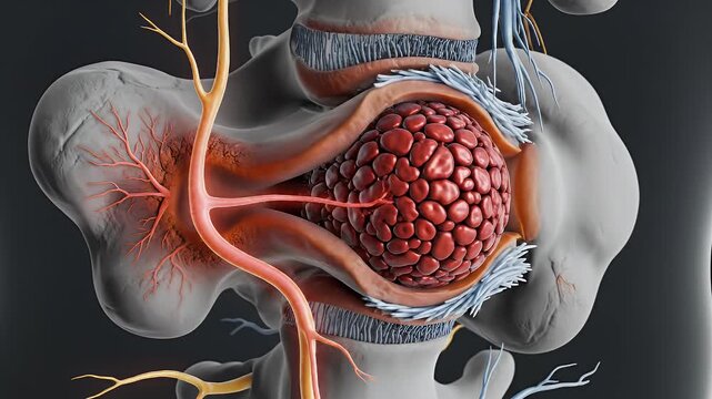 Abstract CGI Representation of Disc Herniation in Lumbar Spine with Nerves and Blood Vessels Highlighted for Educational Healthcare Presentations and Medical Backgrounds