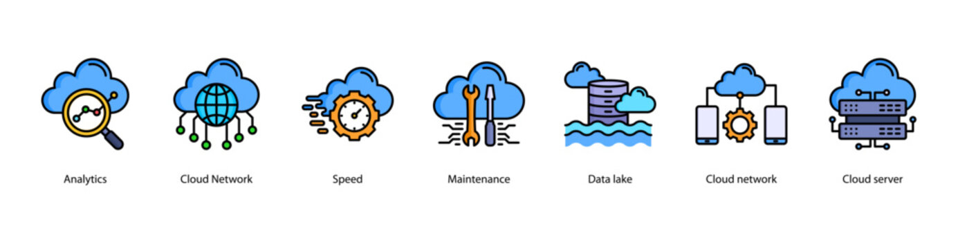 Cloud Infrastructure web banner icon vector illustration featuring Analytics, Cloud Network, Speed, Maintenance, Data Lake, Cloud Network, and Cloud Server.