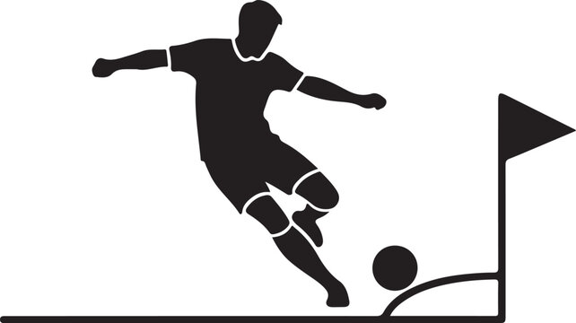 Soccer player silhouette taking a corner kick, football athlete kicking ball from corner flag, black vector icon for sports competition