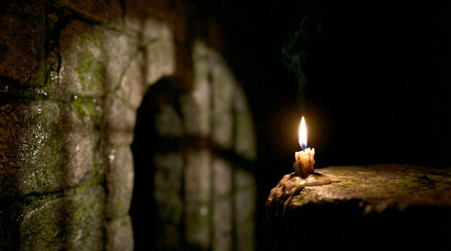 A burning candle casts soft light and shadows on a stone wall in a cave or dungeon. The dramatic contrast of light and dark creates a mysterious and enigmatic mood.