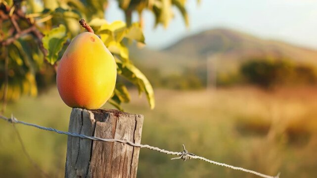 Ripe mango perched on wooden post with scenic landscape in background