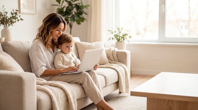 Woman sitting on a sofa with a toddler using a laptop in a bright living room, suitable for parenting, remote work, and home lifestyle concepts.