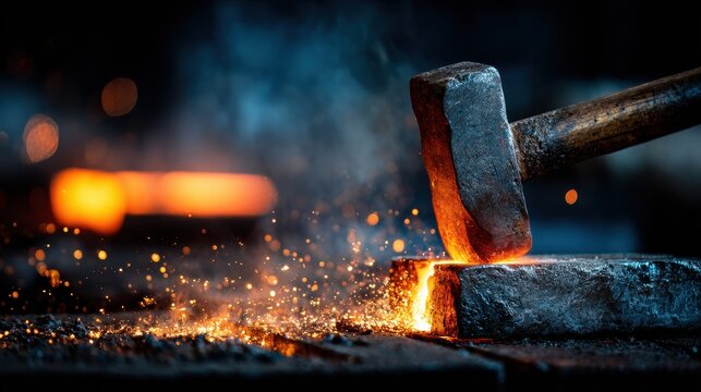 Blacksmith Hammer Strikes Glowing Hot Metal Creating Sparks and Intense Heat in Dark Workshop Atmosphere
