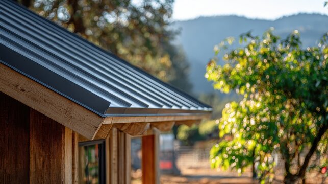 Close up of a rustic wooden cabin exterior with a dark corrugated metal roof and vibrant green trees bathed in warm golden hour sunlight creating a peaceful rural atmosphere with distant hazy