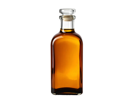 Amber glass bottle with cork stopper and amber liquid