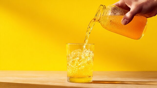 A hand pouring a glass of sparkling water with ice cubes on a wooden table against a bright yellow background.