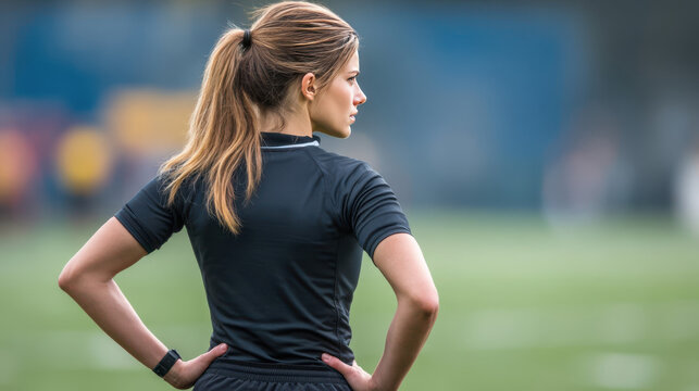 Female rugby referee watches the players during a match in a sports field on a sunny day