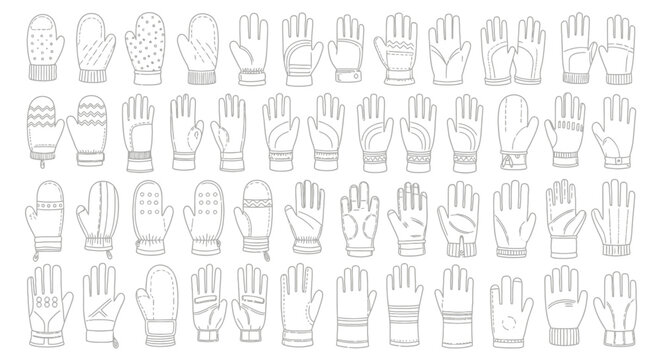 Collection of various gloves and mittens in outline style, perfect for winter wear.