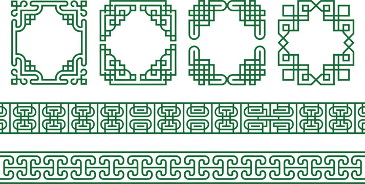decorative geometric motifs including square circular and interwoven border patterns in green lines showcasing symmetrical traditional ornamental design