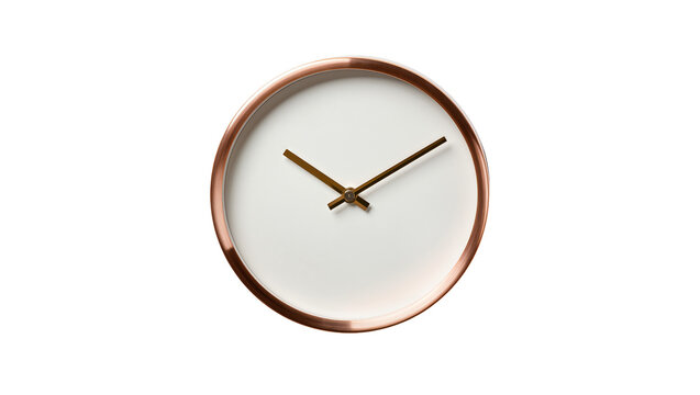Minimalist copper framed clock with white face and dark hands, isolated on transparent background