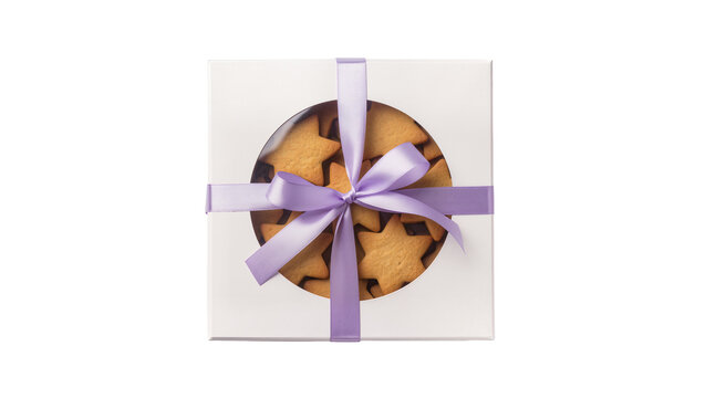Star shaped cookies in a white box with a purple ribbon, isolated on transparent background