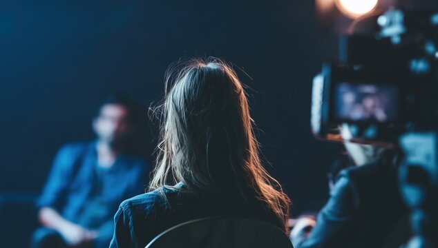 A woman is being filmed or interviewed in a dimly lit studio, with a camera and light focused on her from behind.