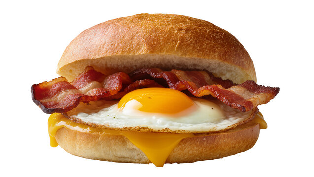 Crispy bacon and fried egg sandwich with melted cheese, isolated on transparent background