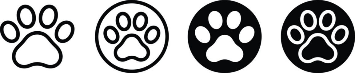 paw print icons arranged horizontally showing variations of outline solid and circular borders with contrasting black and white designs © ALEX BIN