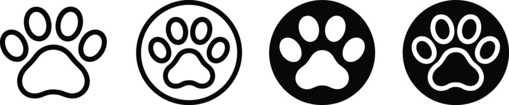 paw print icons arranged horizontally showing variations of outline solid and circular borders with contrasting black and white designs