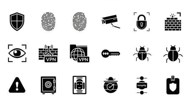 A collection of black and white security icons on a white background