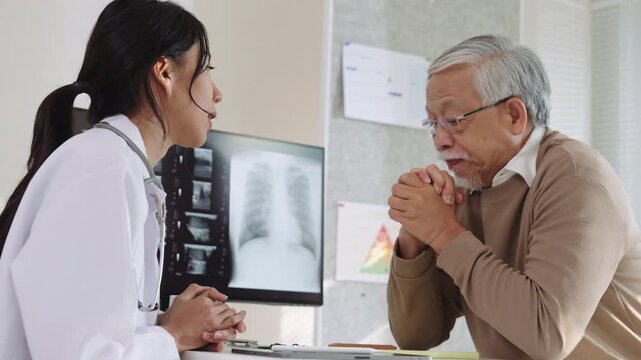 Doctor and senior patient in emotional health care counseling after diagnosis in hospital support setting