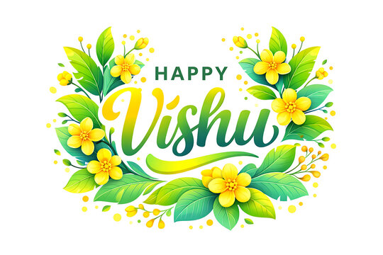 Artistic typography design with vishu text surrounded by beautiful yellow flowers and green foliage for the festive greeting of vishu new year hindu festivals joy