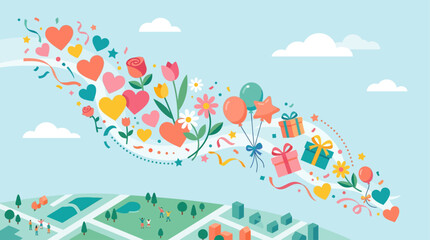 Fototapeta premium A playful flat design illustration showcasing abstract elements like hearts, flowers, and balloons floating in a celebratory Mother's Day parade. This minimalist vector art captures a joyous and festi