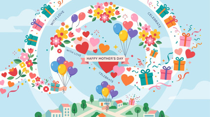 Fototapeta premium A playful flat design illustration showcasing abstract elements like hearts, flowers, and balloons floating in a celebratory Mother's Day parade. This minimalist vector art captures a joyous and festi