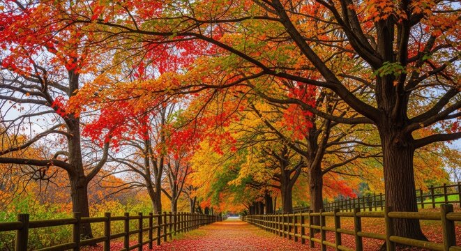 A pixelated image of a path in a park with trees and a fence