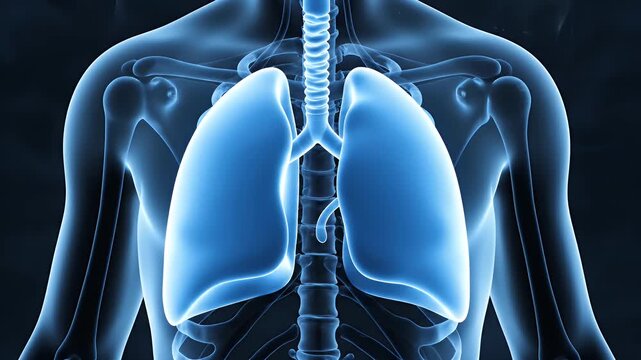 CGI animation of human chest cavity lungs and trachea in glowing blue with red smoke from the trachea representing the risk reduction concept of cessation of smoking ideal for medical education and