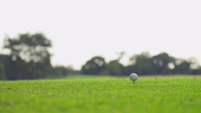 Close up of professional golfer swinging club on a scenic golf course.