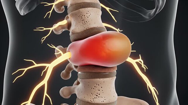 CGI Medical Visualization of Lumbar Spine Herniated Disc Causing Nerve Compression and Sciatic Pain Education on Intervertebral Disc Pathology with Nervous System Illustration