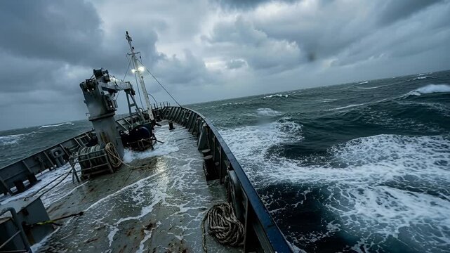 ship deck stormy sea rough waves at bow, dramatic ocean voyage