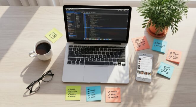 A laptop sits on a light-colored wooden desk, displaying code. A coffee mug and smartphone are placed nearby. Sticky notes with text and checkboxes are scattered around the workspace. 