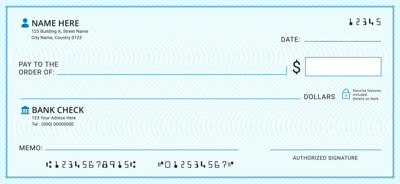 Blank bank cheque. Professional bank check layout for payment. Business or personal account cash pay cheque certificate or pay check coupon from check book, money check