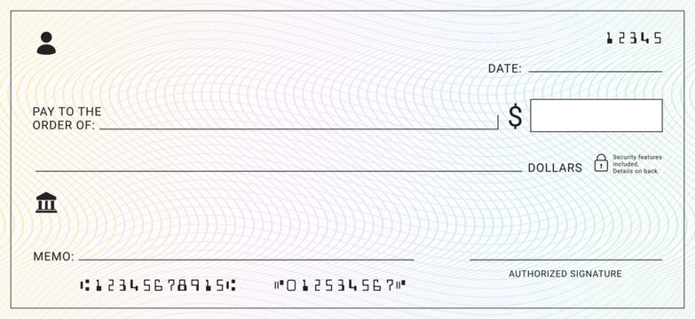 Blank bank check template. Realistic business cheque mockup design for financial use. Winner money check, coupon, voucher, gift card