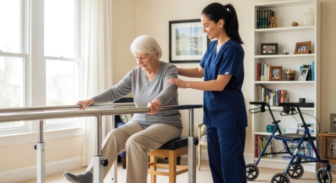 A female healthcare worker assists an elderly woman with balance while she uses a parallel bar in a bright, well-lit room. The woman is seated on a small stool, holding onto the bar for support. 