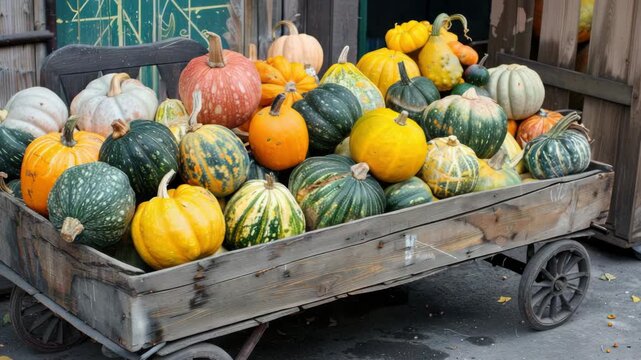Mixed pumpkins and gourds in rustic wooden cart