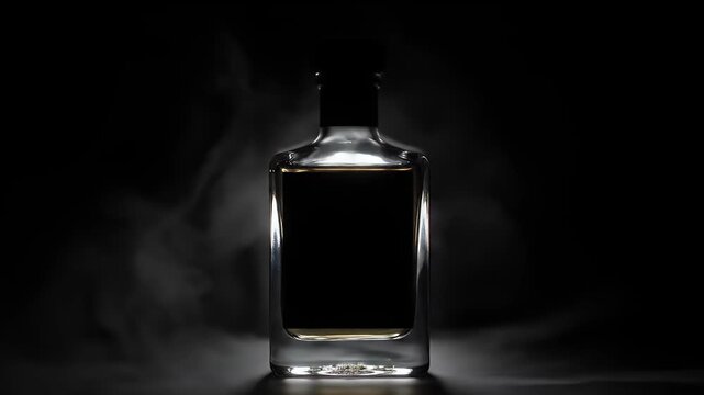 Clear Glass Liquor Bottle With Amber Liquid And Wisps Of Smoke Dramatic Studio Lighting On Dark Background