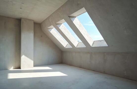 Empty mansard room interior unfinished. Concrete floor walls ceiling under construction. Skylight windows let sunlight in. New home renovation at attic space.