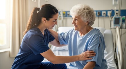Fototapeta premium A young female nurse is comforting an elderly woman in a hospital room. The nurse is kneeling beside the patient's bed, gently placing her hand on the woman's arm and offering a reassuring smile. 