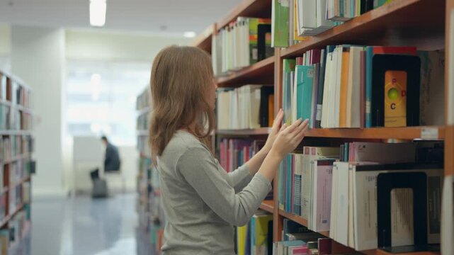 Caucasian young girl reader searching for books to read in quiet library. 
