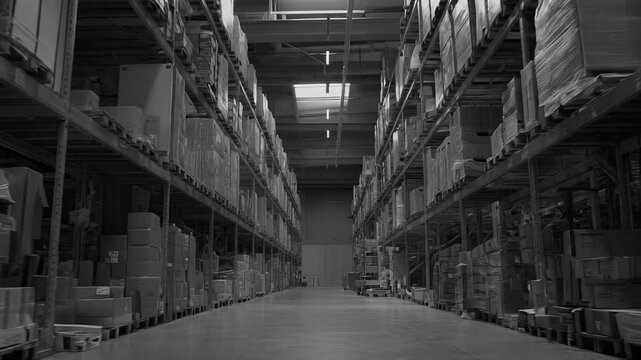 Industrial warehouse aisle with rows of tall storage shelves filled with various packaged goods and cardboard boxes ready for distribution, symbolizing logistics and supply chain efficiency