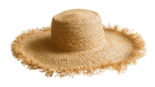 Wide-brimmed straw hat with frayed edges, isolated on transparent background