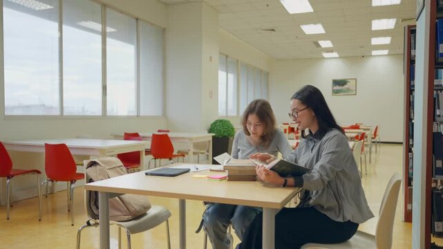 Asian and Caucasian female students study together in university library. 