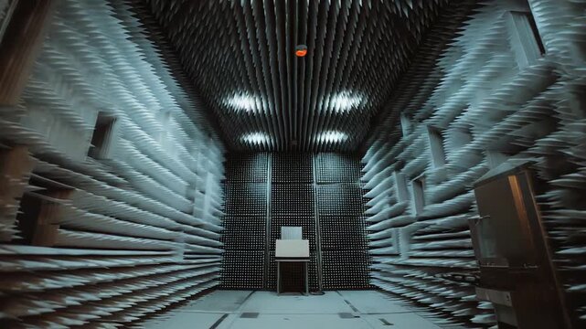 Anechoic chamber interior featuring large acoustic foam wedges absorbing sound and electromagnetic waves, creating an unusual environment for scientific research and signal testing