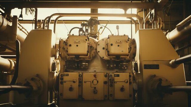 Large vintage industrial engine and generator powering an aging factory interior, surrounded by heavy piping, control panels, gears and grimy metal machinery in a dark workshop