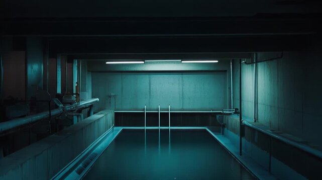 Dark indoor swimming pool reflecting industrial lights, surrounded by pipes and concrete walls, creating a minimalist and stark atmosphere in a forgotten building